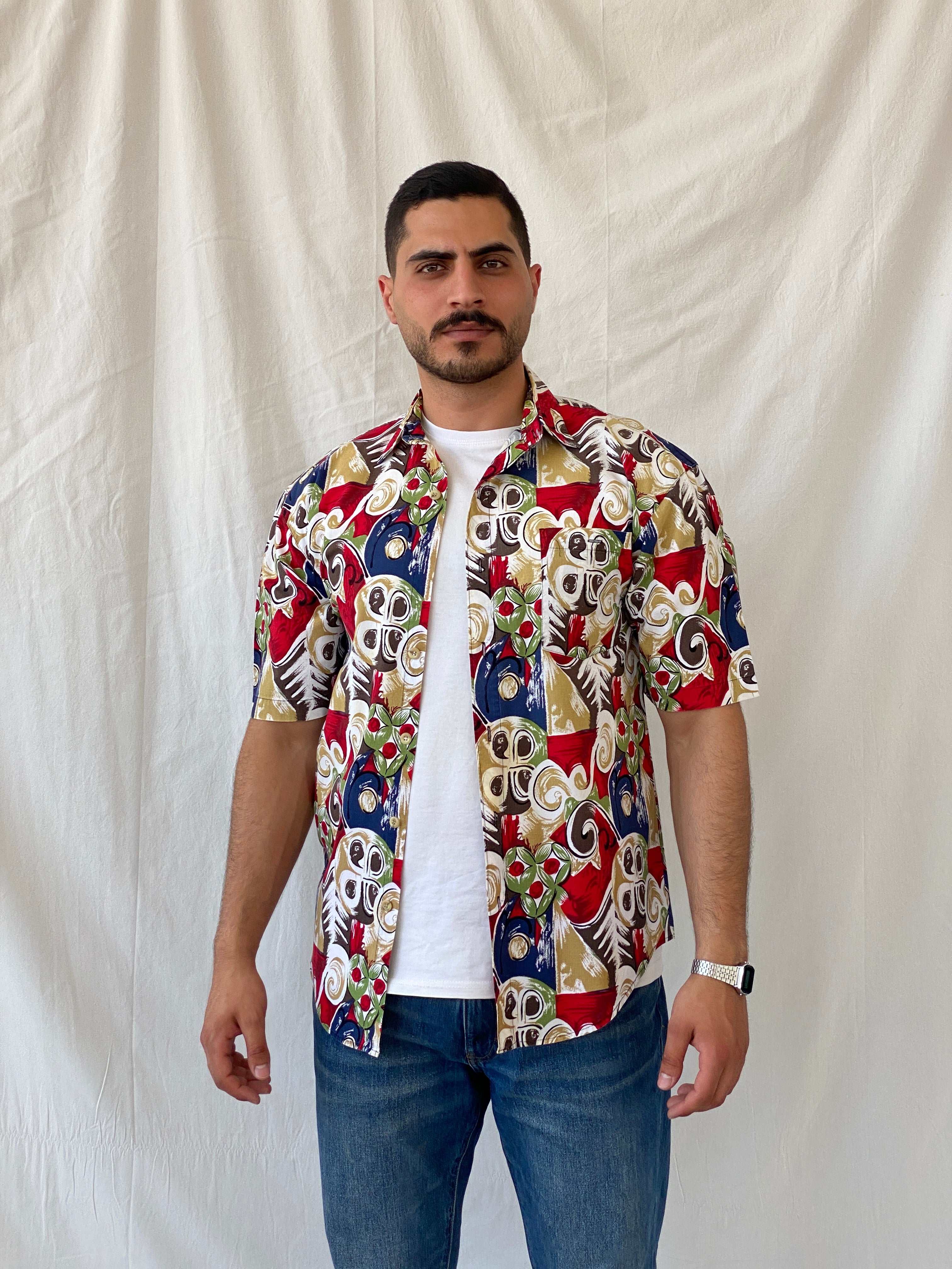 Vintage 90s The Design Crew Men’s Short Sleeve Abstract Multi-color Cotton Shirt - M