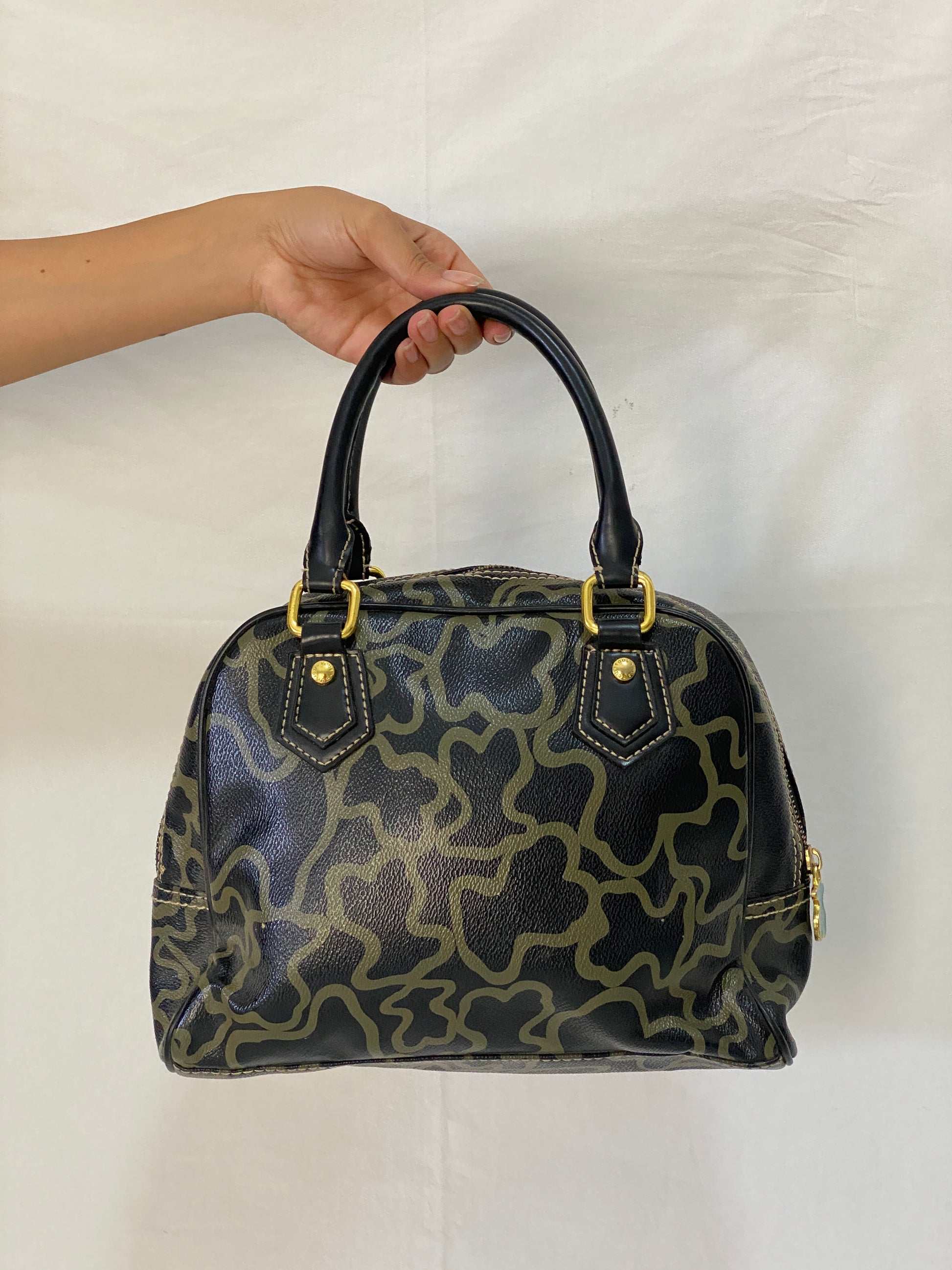 TOUS Kaos Monogram Satchel Bag Black Khaki Bear Logo Bowling Top Handle Purse TOUS Kaos Monogram Satchel Bag Black Khaki Bear Logo Bowling Top Handle Purse