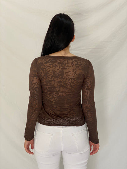Vintage Y2K DKNY Jeans Brown Graphic Sheer Long Sleeve Top – M