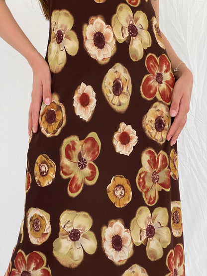 Vintage 90s PJLA Floral Brown Bodycon Sleeveless Maxi Dress - M