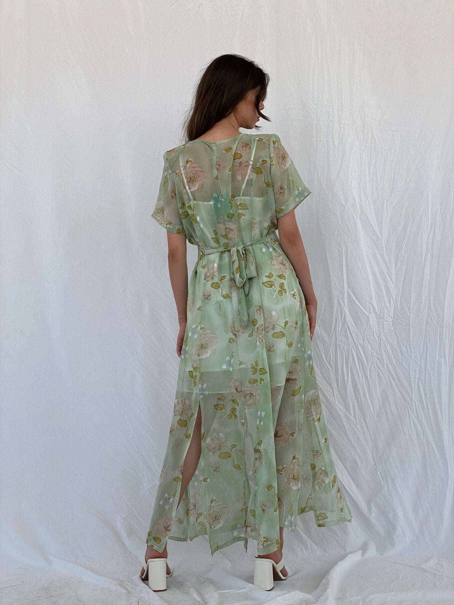 Vintage Handmade Mint Green Sheer Floral Print Maxi Dress - M