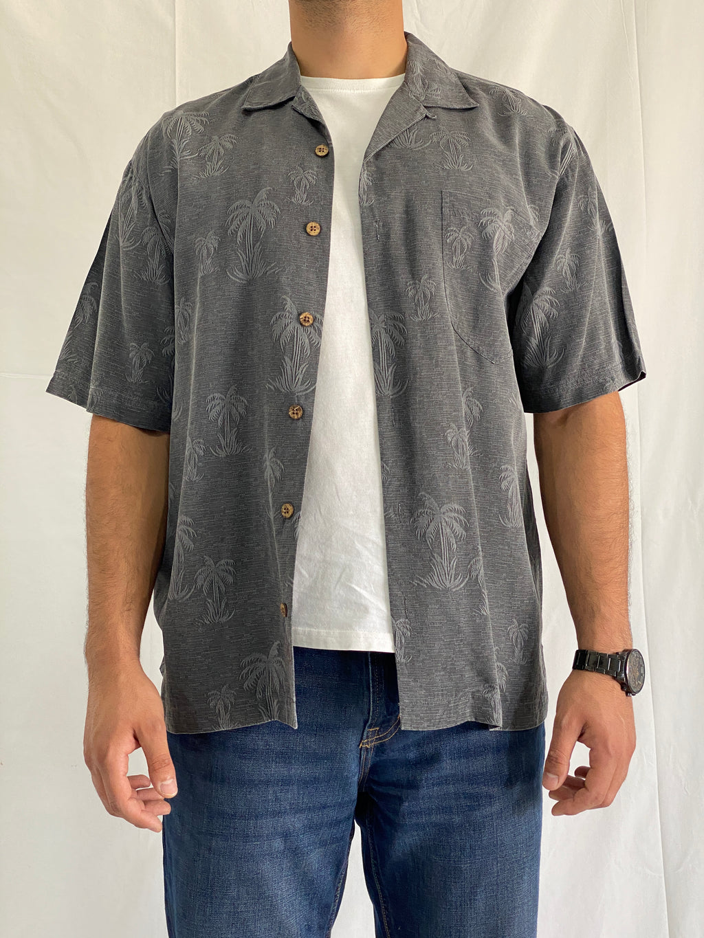 Tommy Bahama Charcoal Palm Tree Silk Men’s Button-Up Short Sleeve Shirt - M