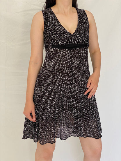 Vintage Y2K Exmoor Black & White Micro Print Empire Waist Fit & Flare Dress - M