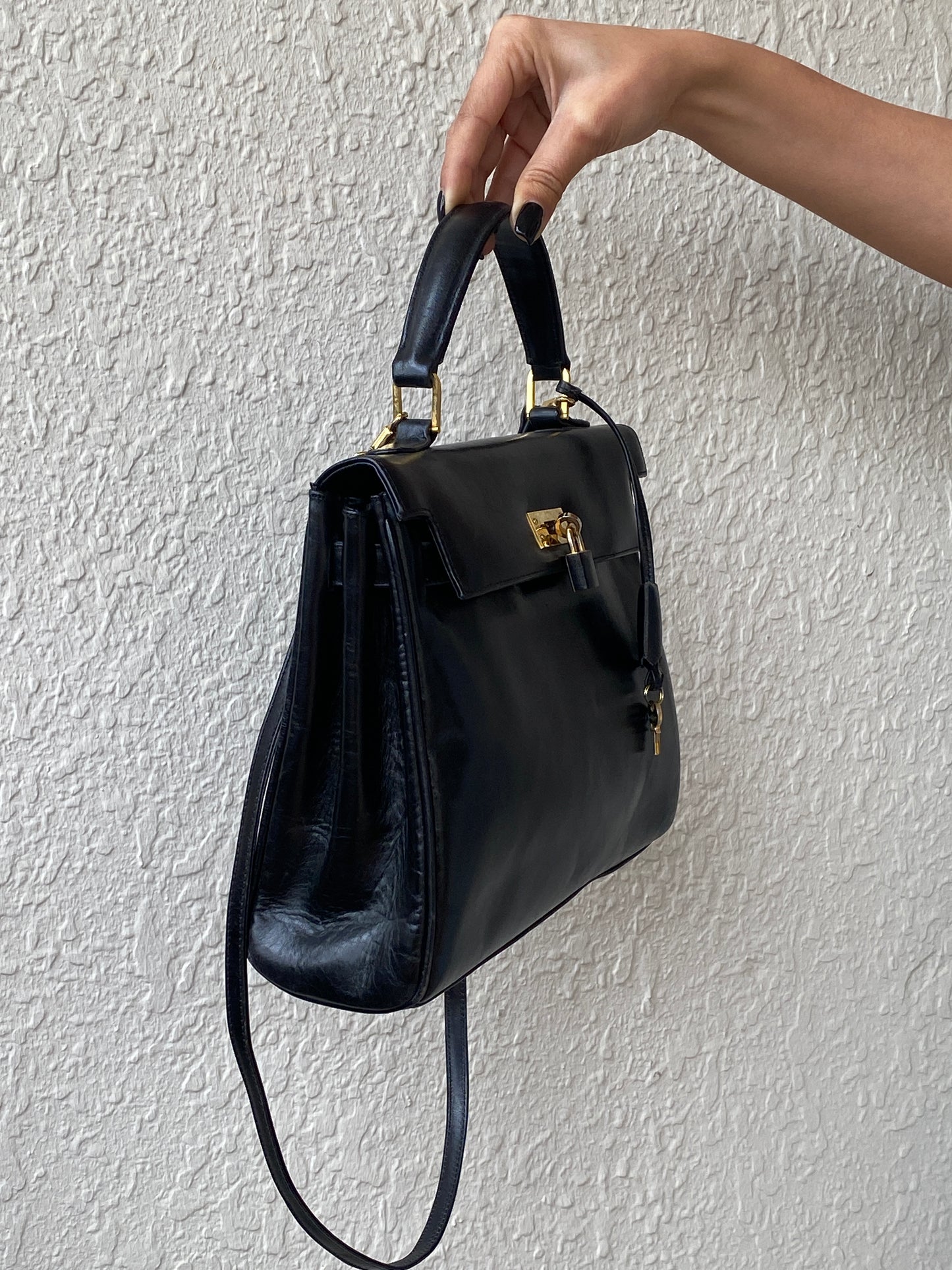 Vintage 1960s-1970s Susan Gail Structured Black Leather Kelly Bag Gold Turn Lock Top Handle