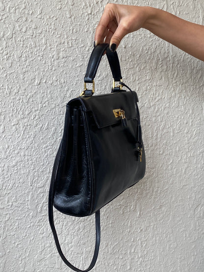 Vintage 1960s-1970s Susan Gail Structured Black Leather Kelly Bag Gold Turn Lock Top Handle