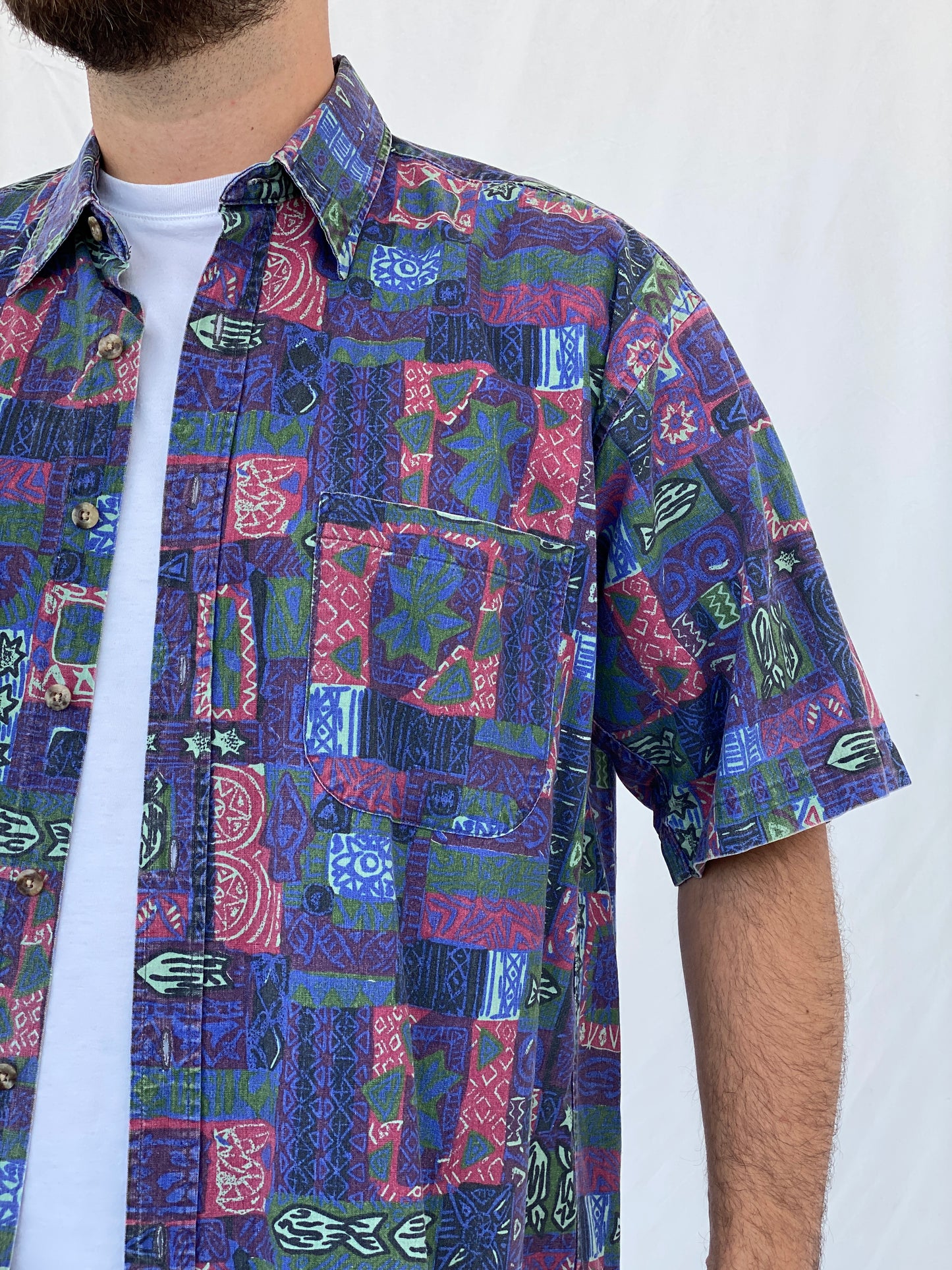 Vintage American Blue Printed Purple Short-Sleeve Cotton Shirt - L