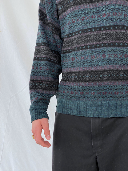 Vintage 90s MC Men’s Casuals Geometric Abstract Striped Green Crew Neck Knitted Sweater - M