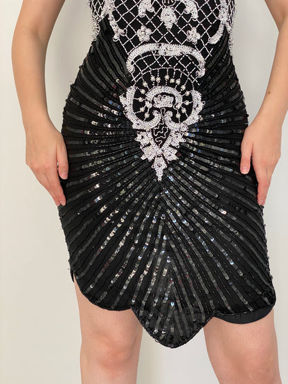 Vintage 80s Laurence Kazar Black & White Silk Beaded Sequin Cocktail Dress - M