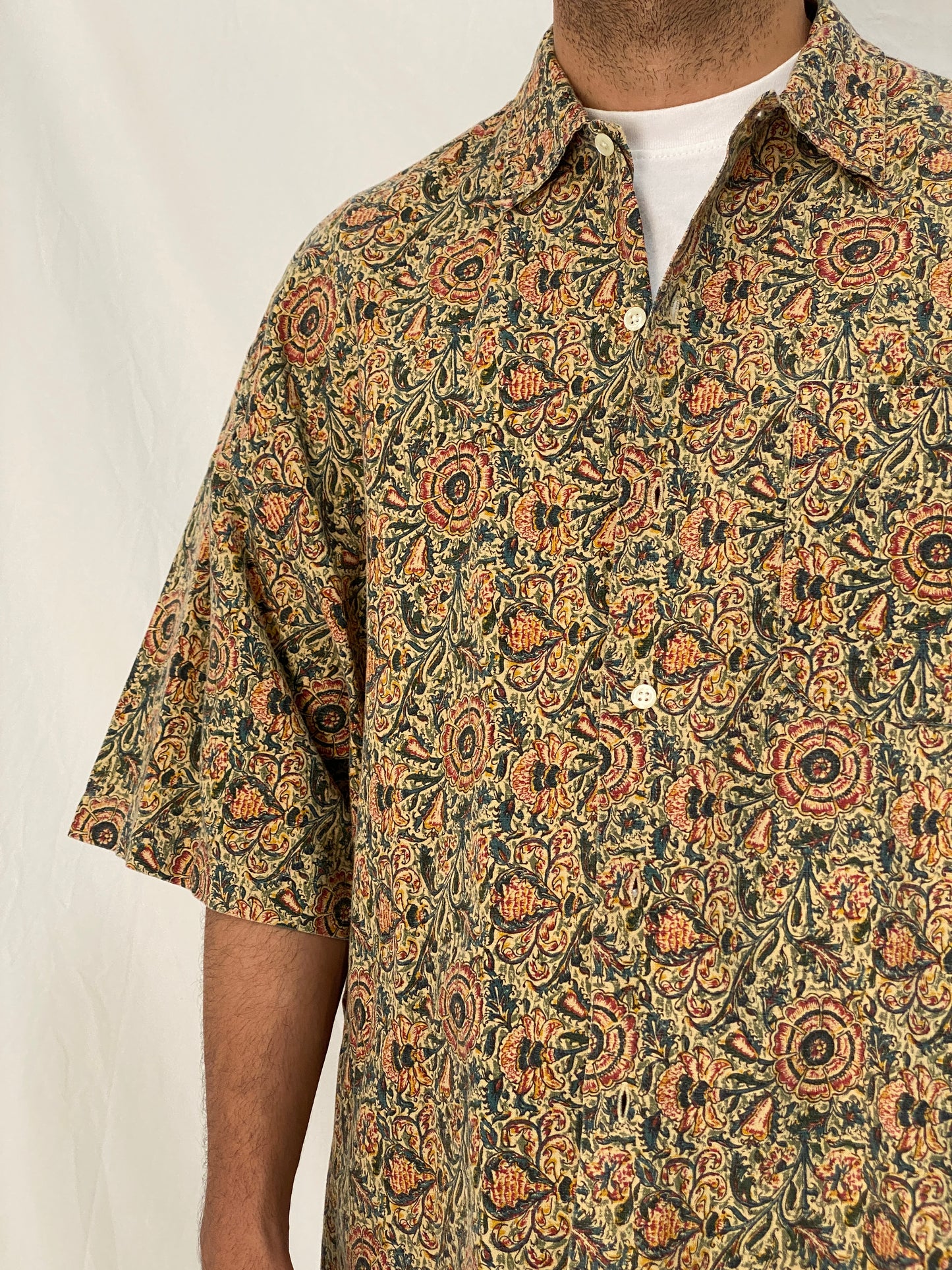 Vintage 90s Britches Floral Linen Cotton Blend Shirt Beige Botanical Button Up – XL