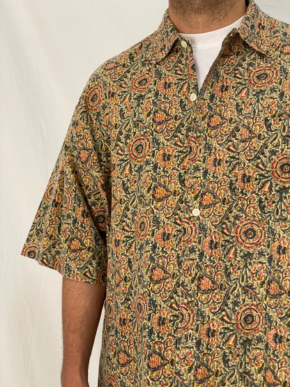 Vintage 90s Britches Floral Linen Cotton Blend Shirt Beige Botanical Button Up – XL
