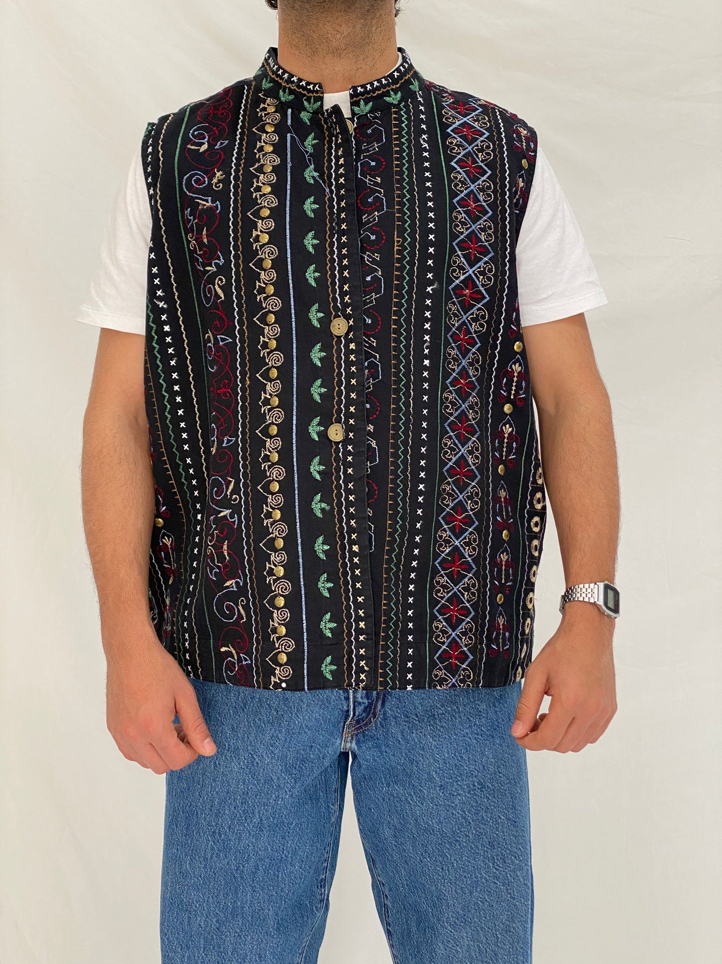 Vintage Tribal Embroidered Black Cotton Vest Oversized Boho Folk Waistcoat - L