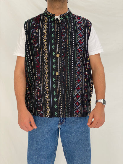 Vintage Tribal Embroidered Black Cotton Vest Oversized Boho Folk Waistcoat - L