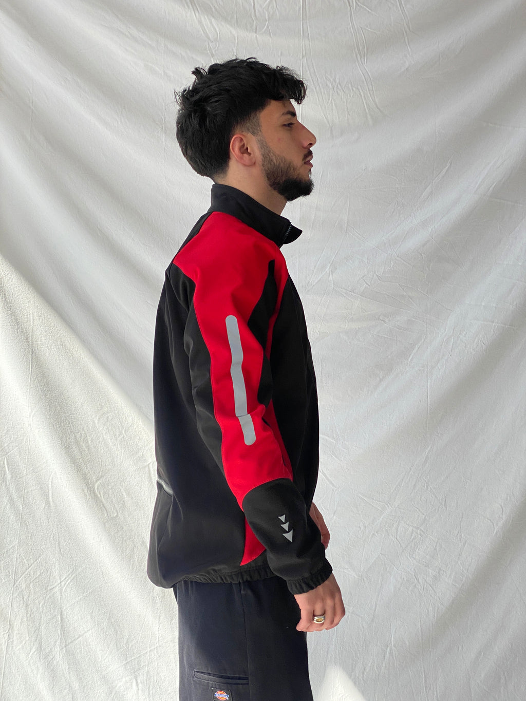 جاكيت ركوب الدراجات Dimex Colorblock Soft Shell للرجال بسحاب أحمر وأسود - مقاس كبير