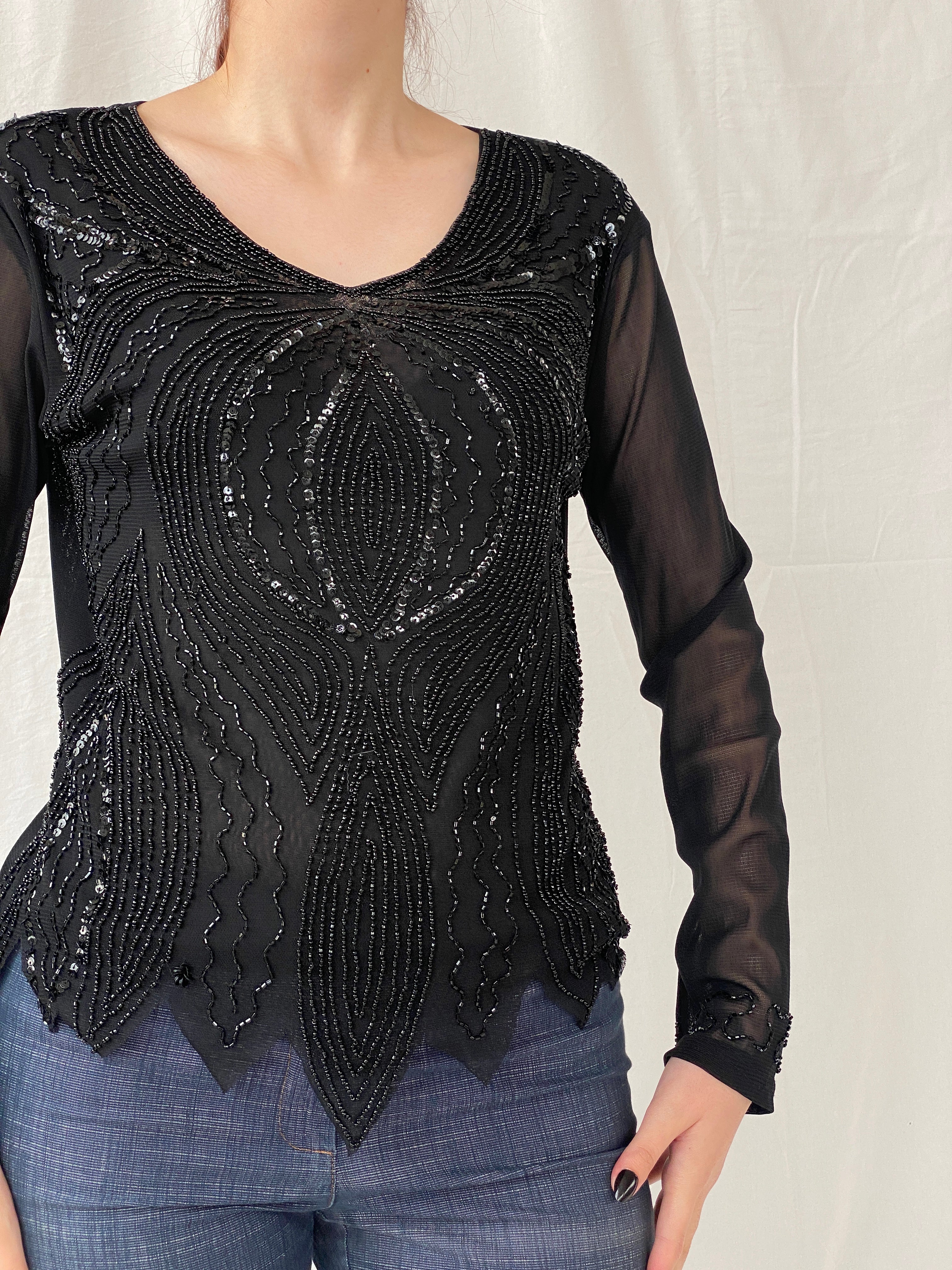 Y2K Black Sequin Chiffon Semi Sheer Dressy Black Women’s Top - M