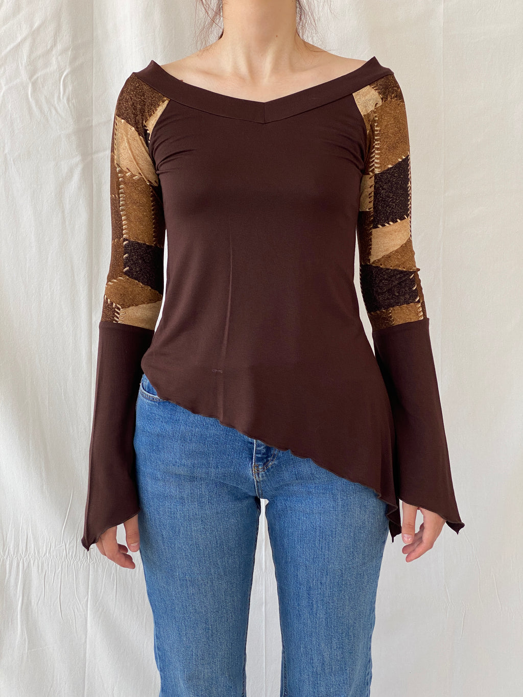 Vintage Natasiana Brown Flared Long Sleeve Asymmetric Women’s Top - S