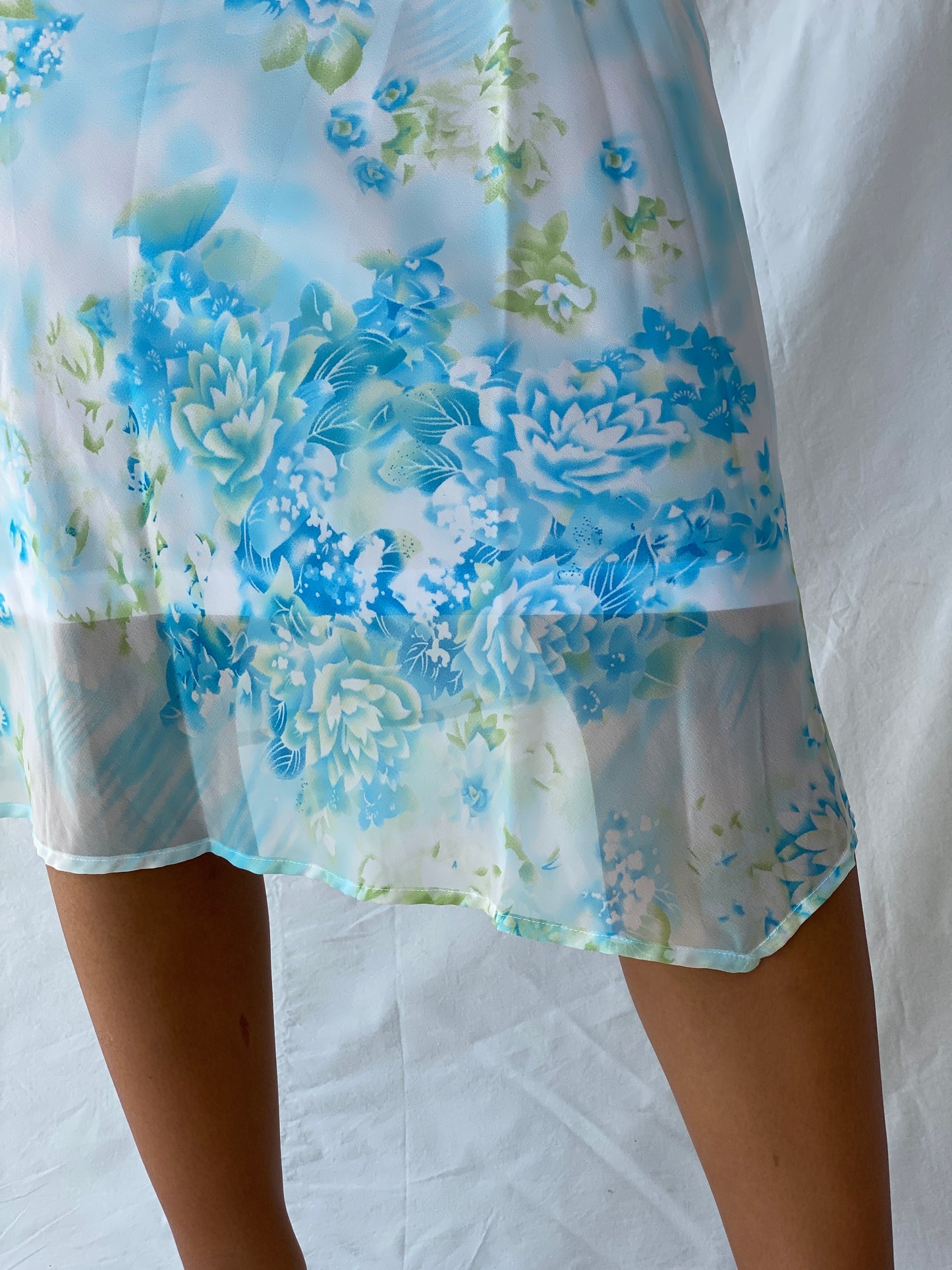 Vintage 90s This Aqua Blue Floral Sheer Chiffon Midi Skirt - M