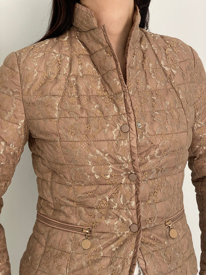 Y2K By Secret Beige Floral Lace Quilted Puffer Jacket – S