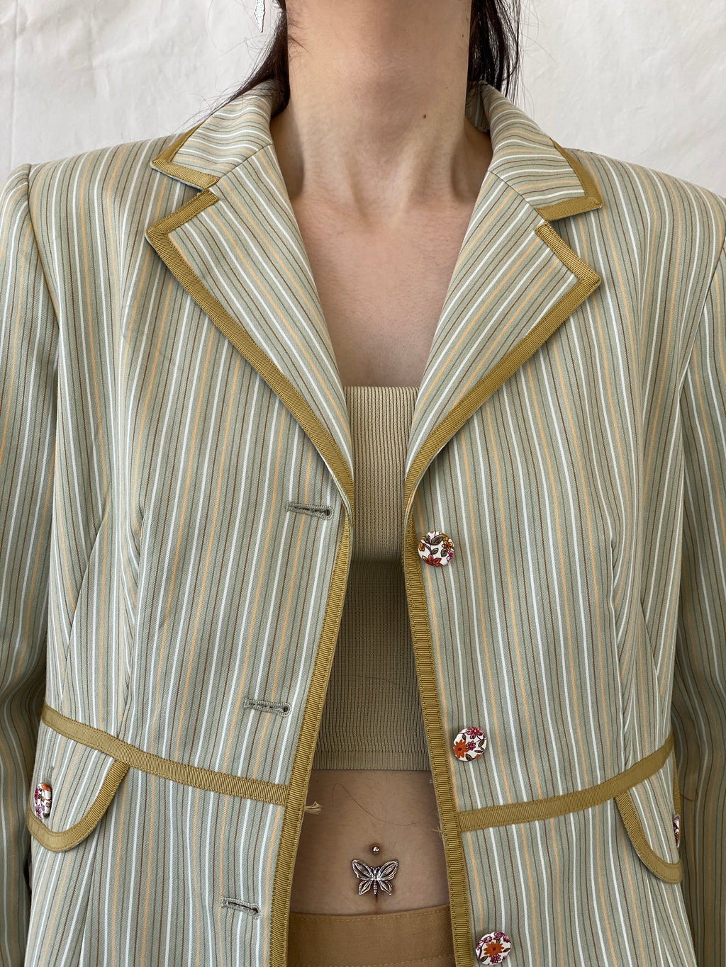 Vintage Isabel & Nina Green Striped Floral Buttons Blazer - XL