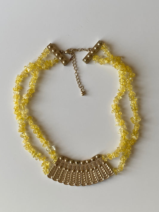 Vintage Yellow Crystal Chip Necklace with Gold-Tone Statement Panel Boho Ethnic Necklace