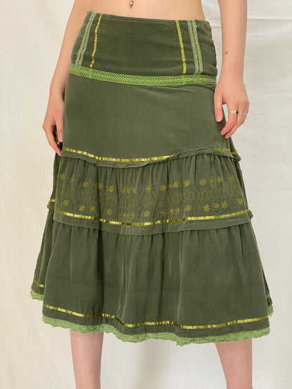 Vintage Y2K Jaune Rouge Paris Olive Green Corduroy Tiered Embroidered Midi Skirt - L