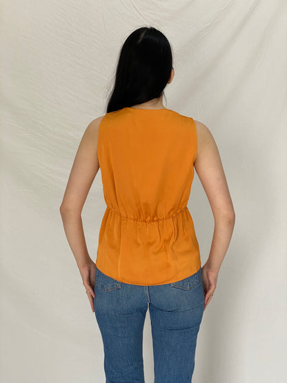 Vintage Orange Satin Tie-Front Blouse Sleeveless Draped Top - M
