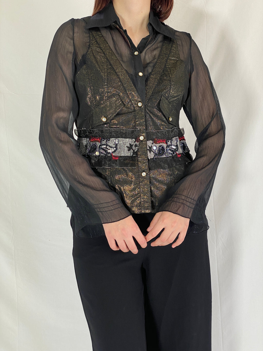 Vintage Farfalla Rosso Shimmery Whimsygoth Beaded Sheer Shirt Evening Top - XL