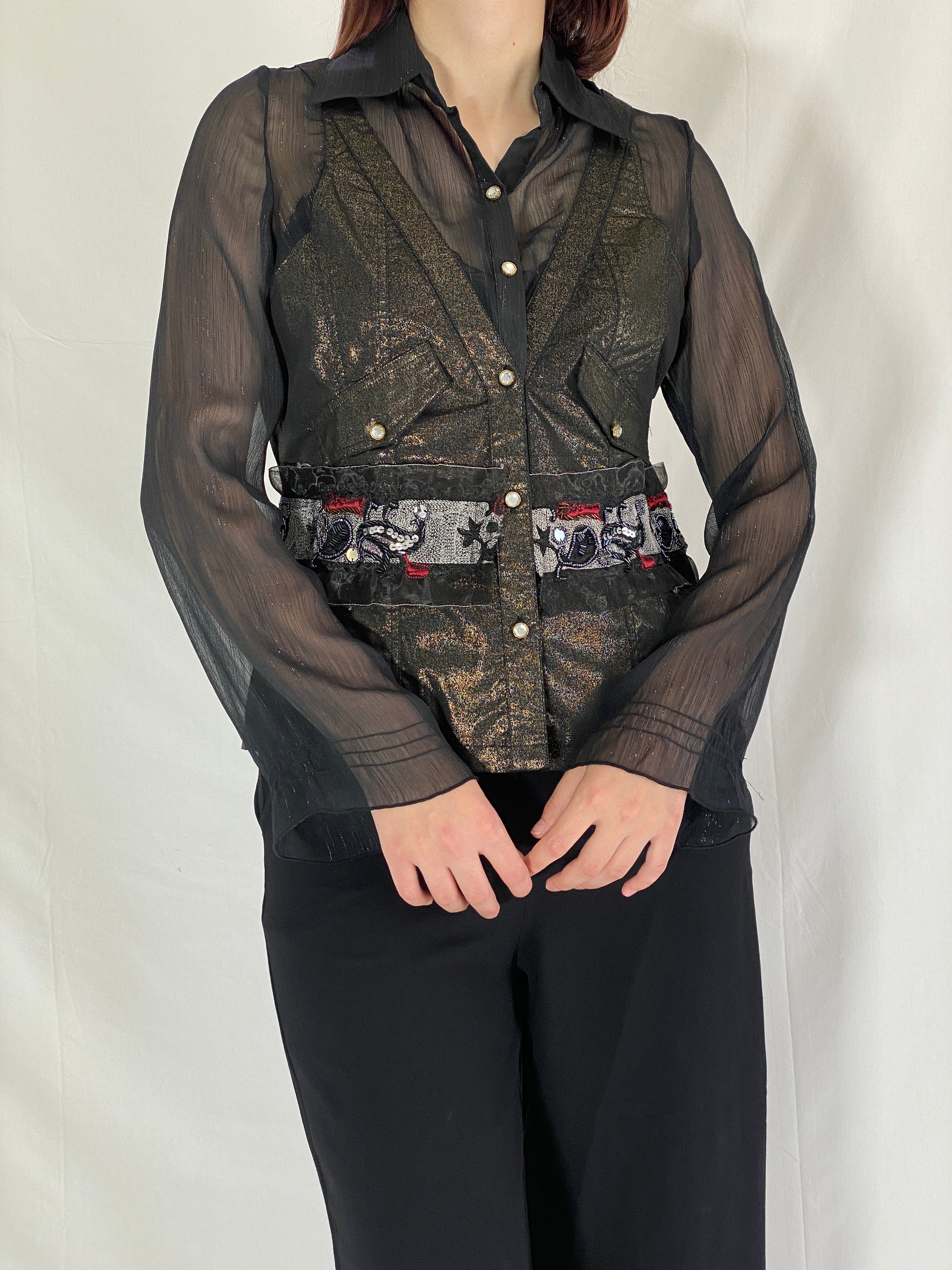 Vintage Farfalla Rosso Shimmery Whimsygoth Beaded Sheer Shirt Evening Top - XL