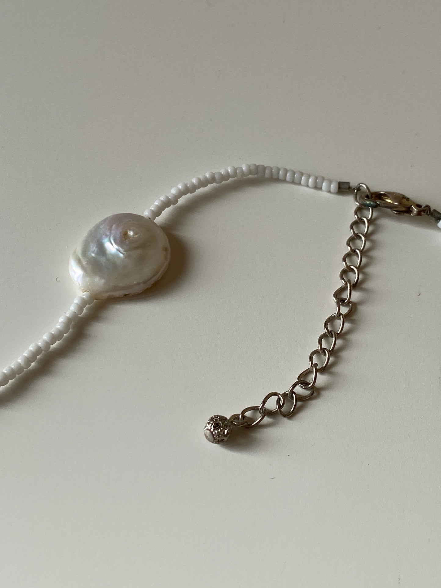 Vintage White Mother of Pearl Coin Beaded Necklace with Seed Beads