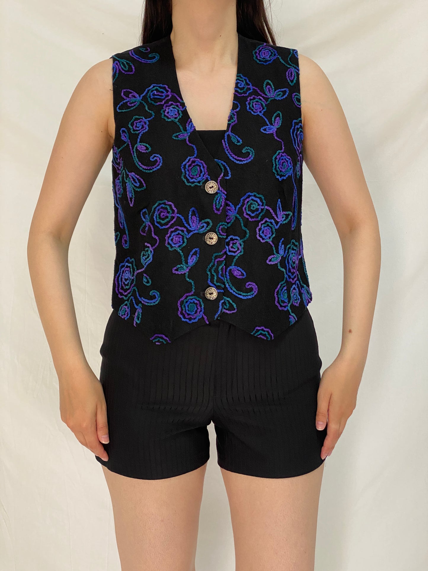 Vintage Embroidered Wool Blend Floral Vest Black Purple Boho Button Waistcoat – M