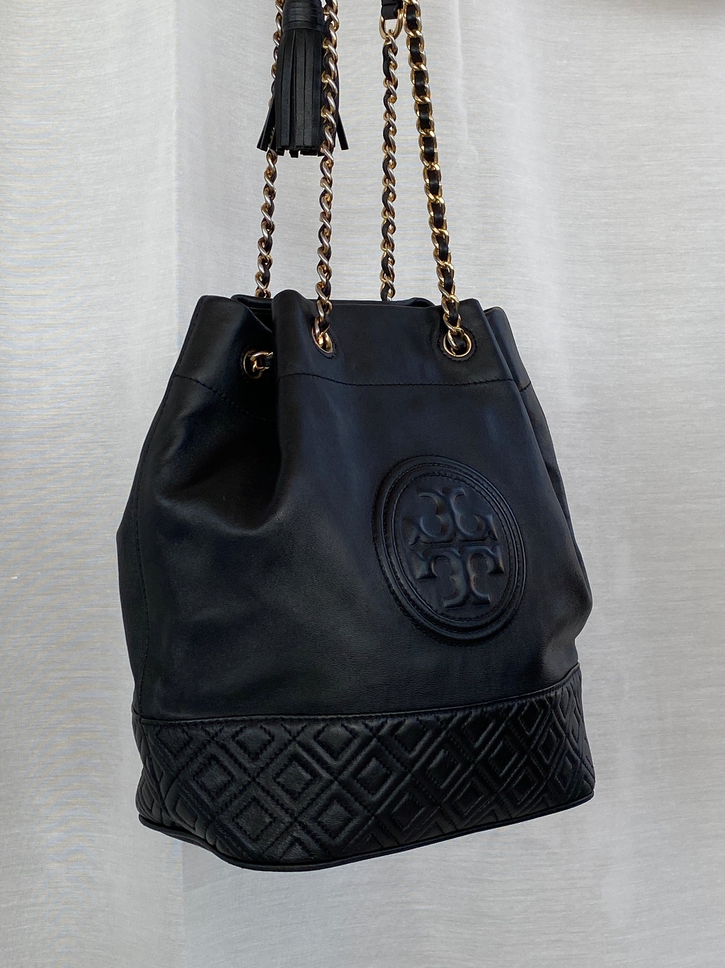 Tory Burch Black Leather Fleming Mini Bucket Chain Shoulder Bag