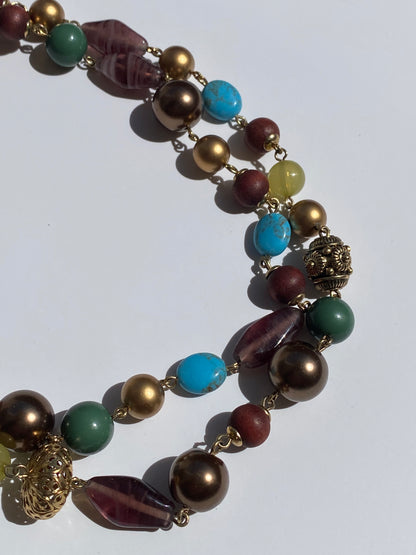 Vintage Carolee Multi-Bead Double Strand Brown Gold Necklace