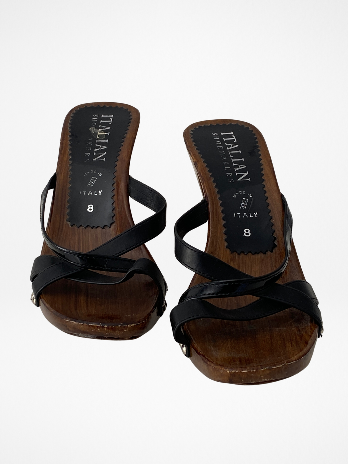 Vintage Y2K Italian Shoemakers Made in Italy Black Strappy Wooden Clog Heels - 39 EU