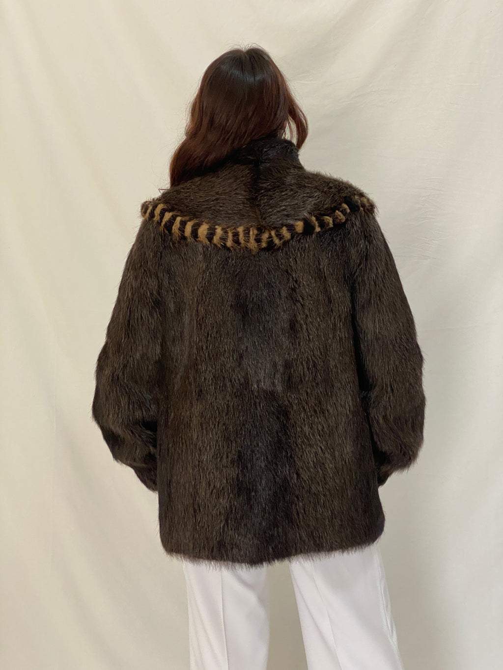 Vintage Real Raccoon Fur Coat Dark Brown Long-Hair Luxury Winter Jacket - L