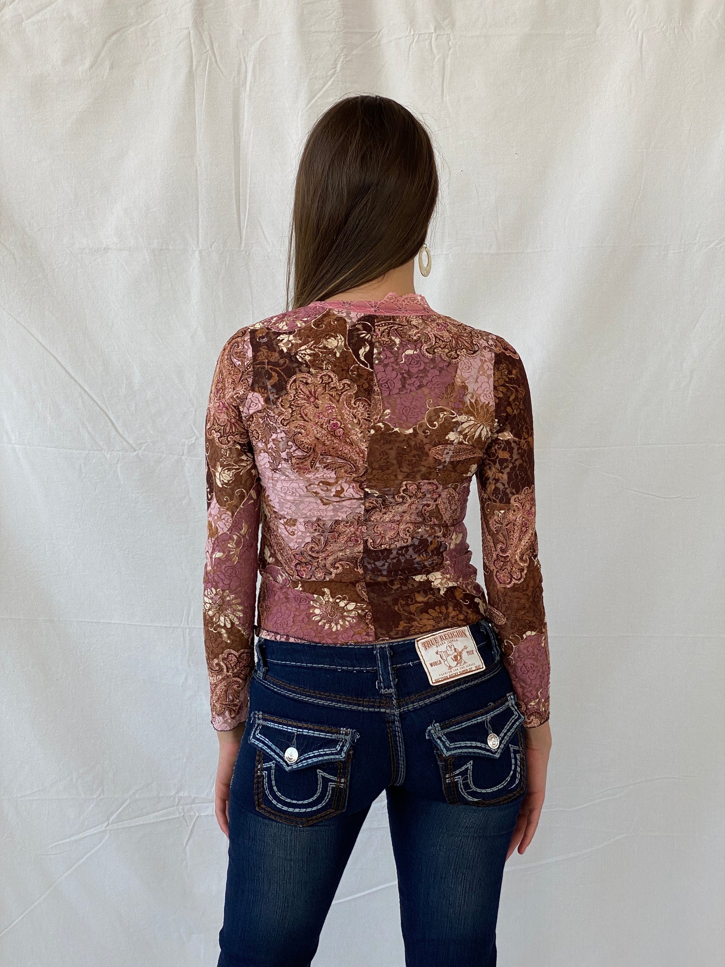 Stunning Floral Lace Button Up Brown and Pink Cardigan - S