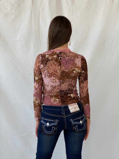 Stunning Floral Lace Button Up Brown and Pink Cardigan - S