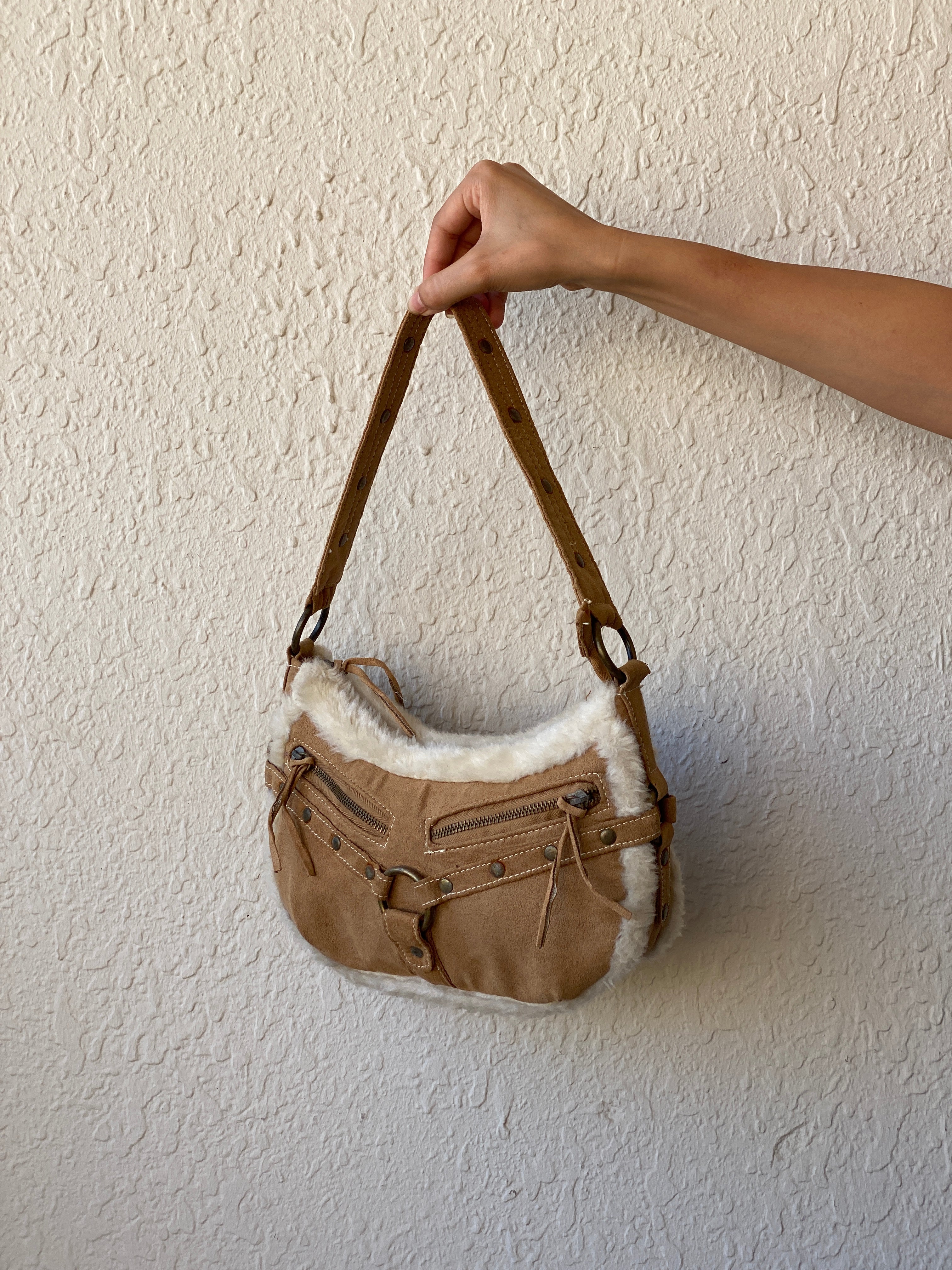 Y2K Shearling Brown Shoulder Bag with Fuzzy Trim & Stud Details Purse
