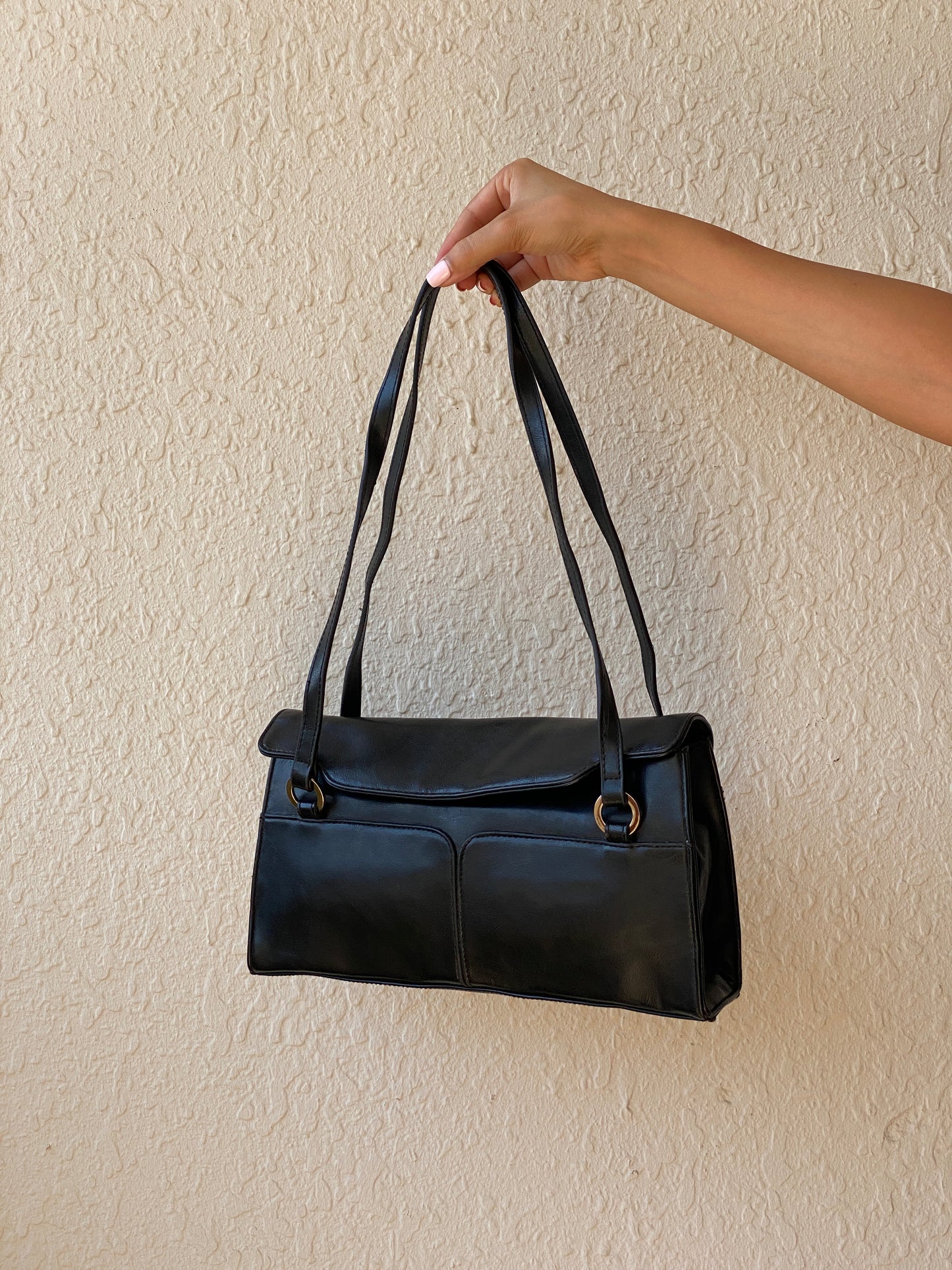 Vintage 90s Black Minimalist Double Pocket Shoulder Bag