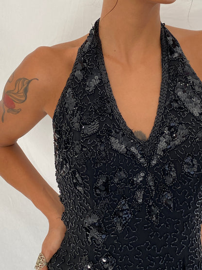 Vintage 90s Nite Line Black Silk Beaded Fringe Halter Mini Dress – XS