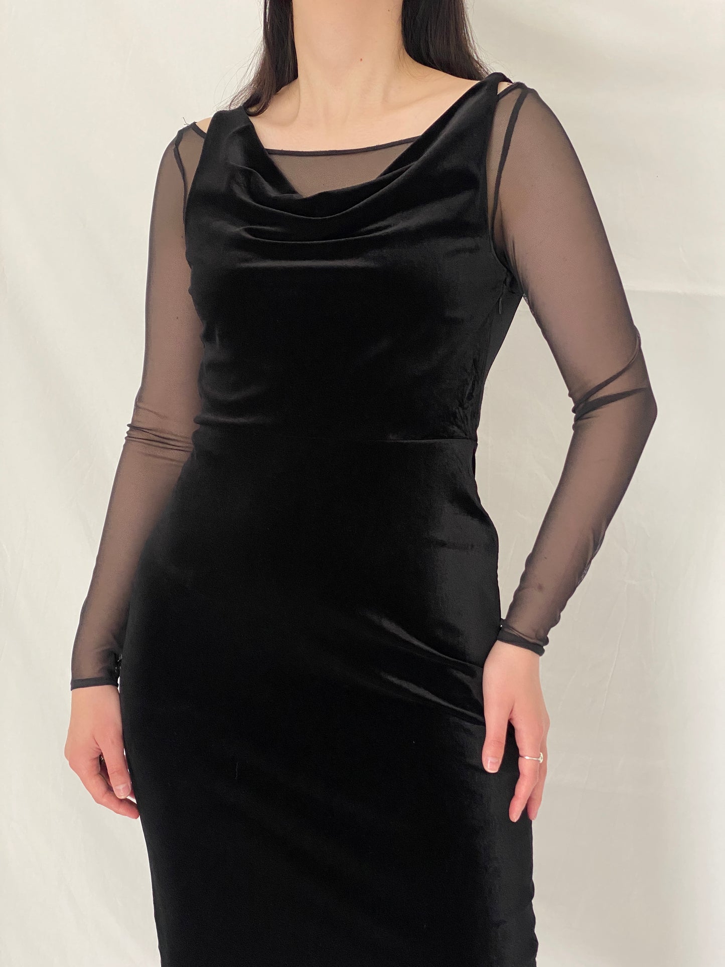 Elegant DKNY Black Velvet Mesh Sleeve Minimal Sheer Detail Midi Dress – S