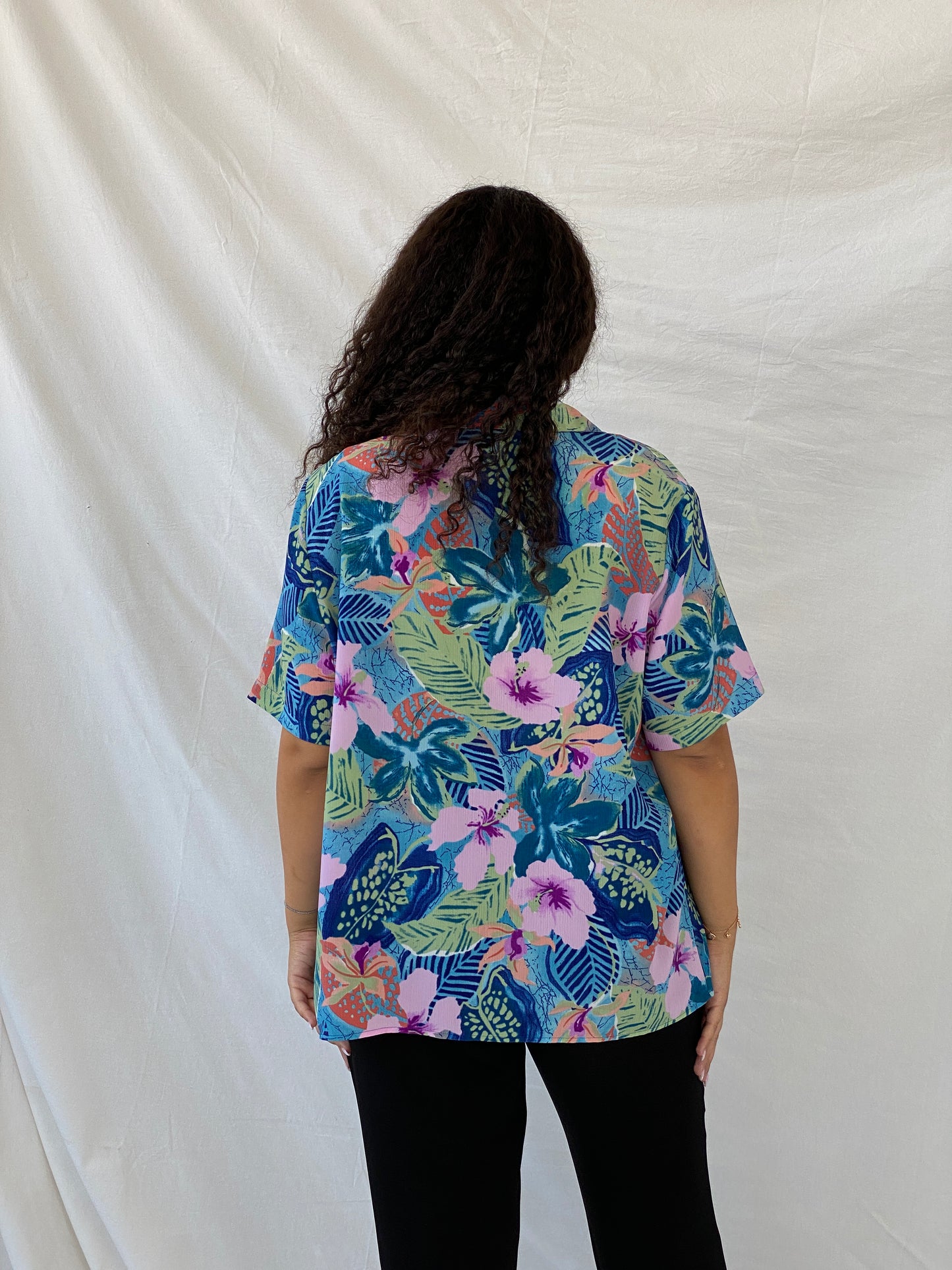 Vintage IMAGE Colorful Blue and Pink Tropical Floral Button Shirt - XL