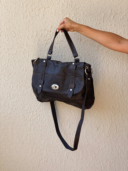Vintage Y2K Fossil Long Live Vintage Black Distressed Leather Convertible Satchel Crossbody Bag