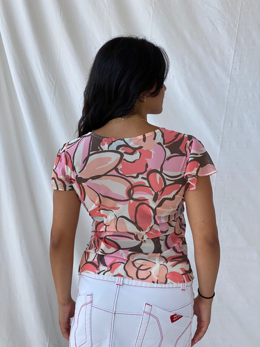 New York & Company Sheer Floral Pink and Brown Bustier Top - S