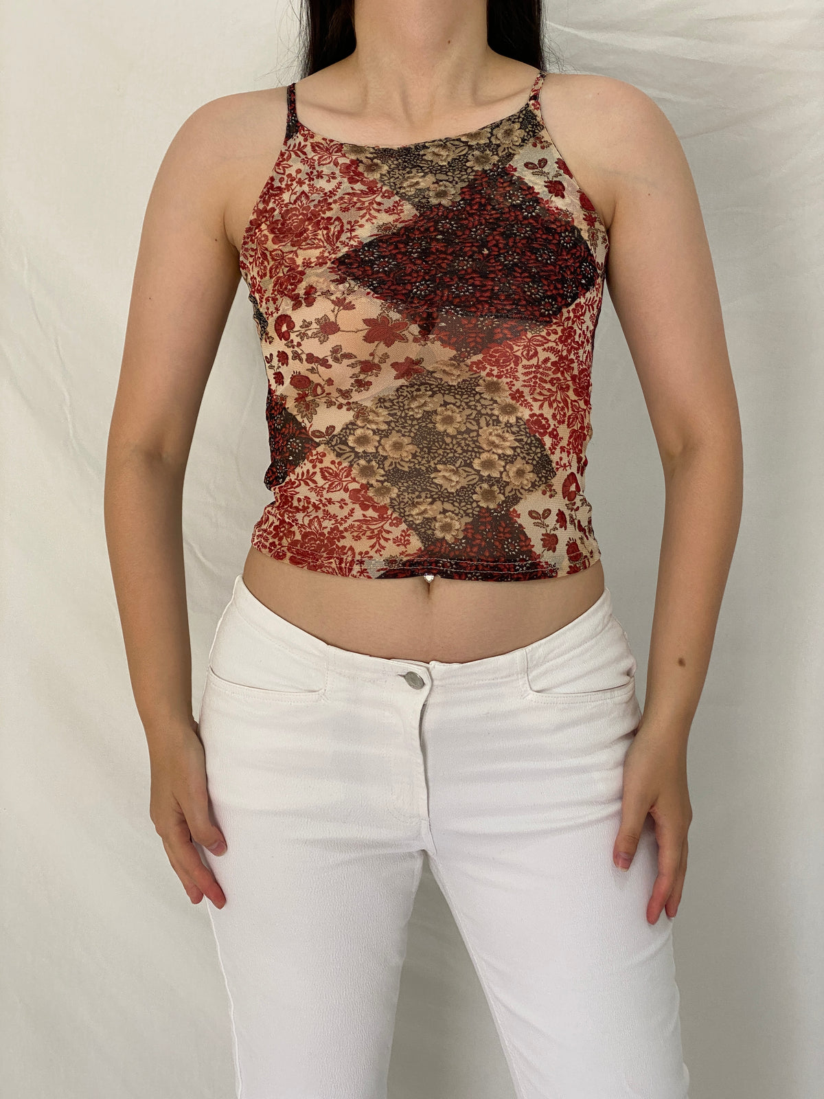 Vintage Y2K Three Brothers Red Floral Mesh Print Cami Top Sheer Stretch Tank - S Vintage Y2K Three Brothers Red Floral Mesh Print Cami Top Sheer Stretch Tank - S