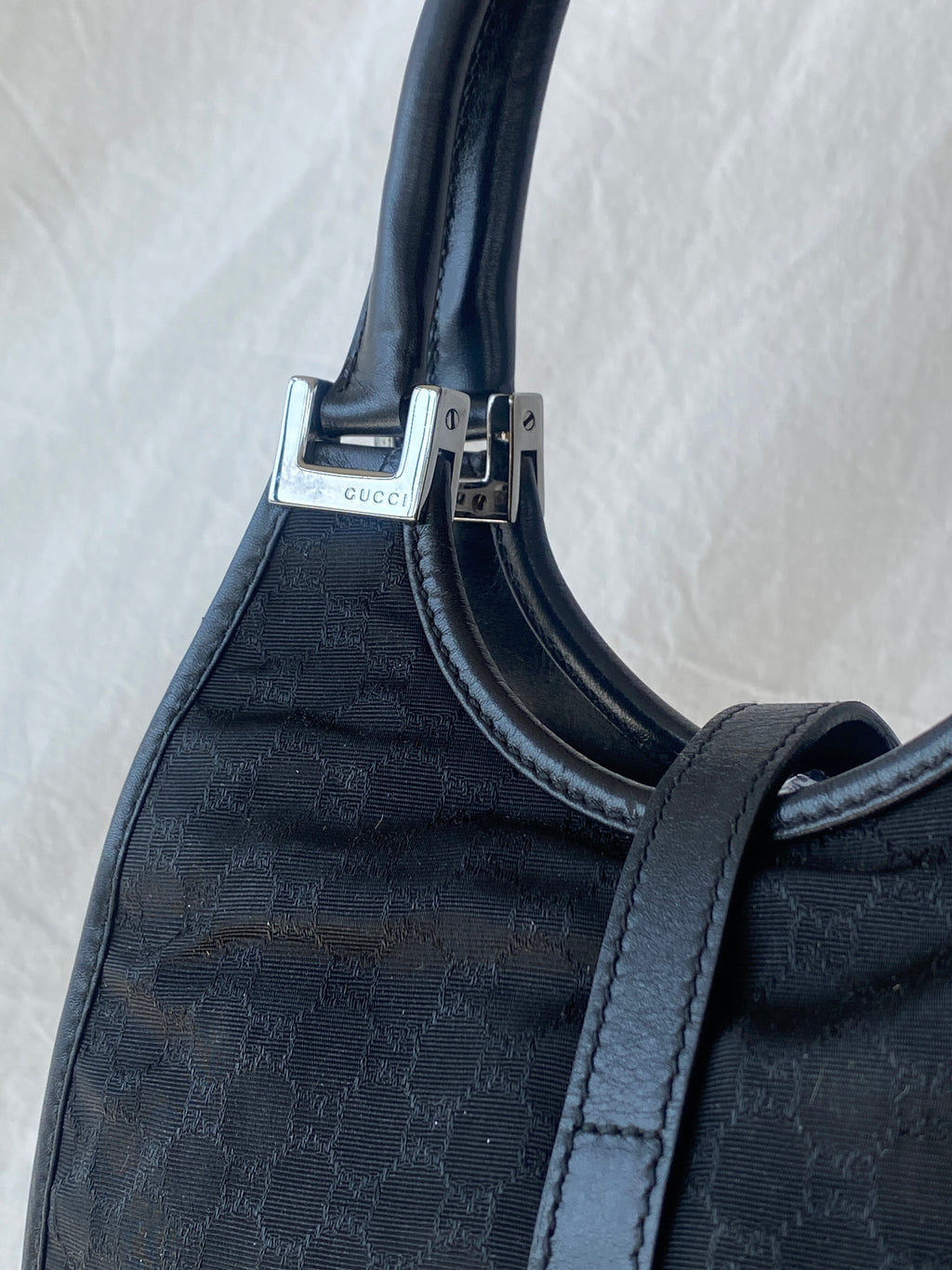 Vintage 00s Gucci Jackie Bardot Black Leather Monogram GG Canvas Mini Handbag