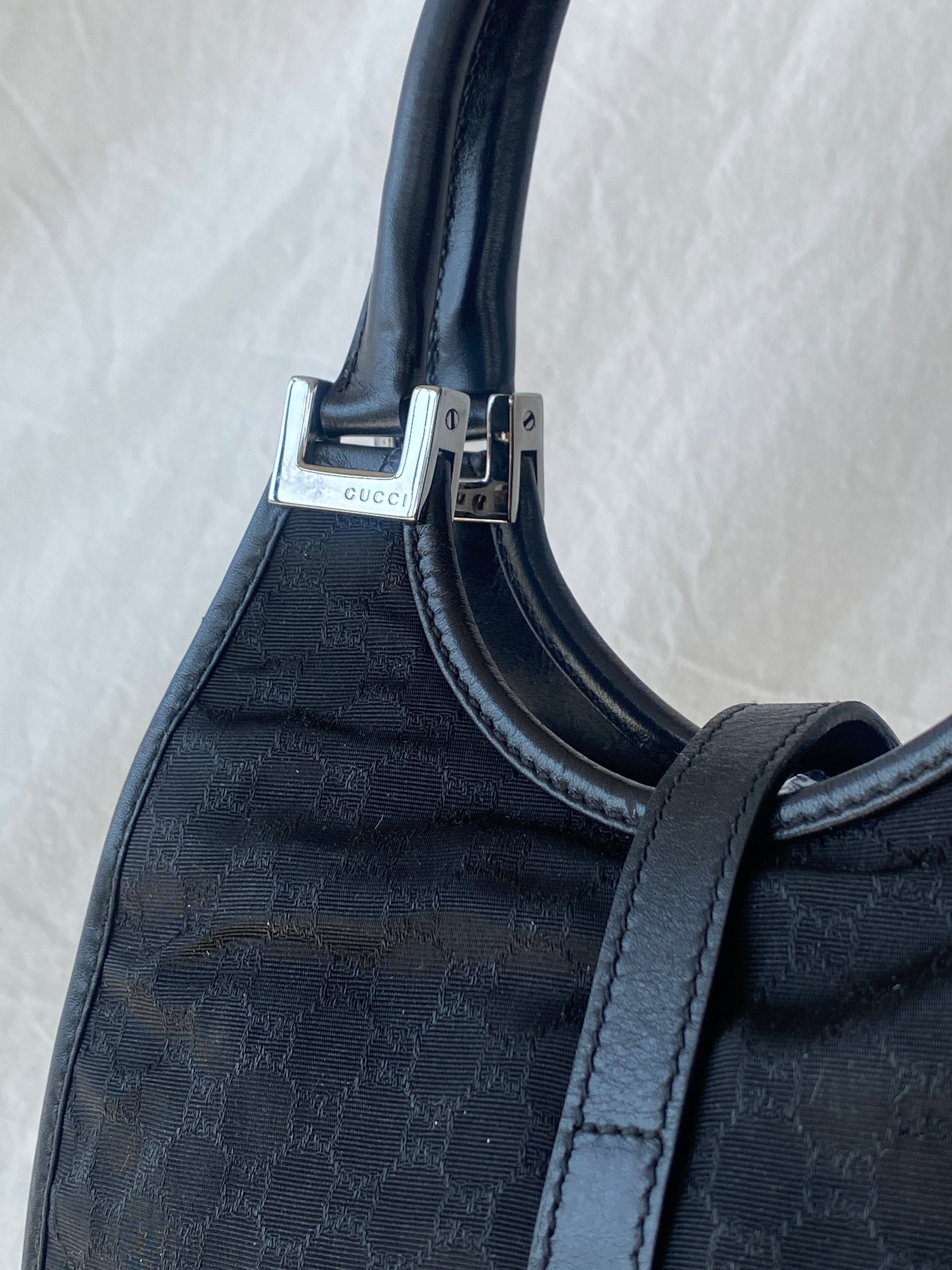 Vintage 00s Gucci Jackie Bardot Black Leather Monogram GG Canvas Mini Handbag