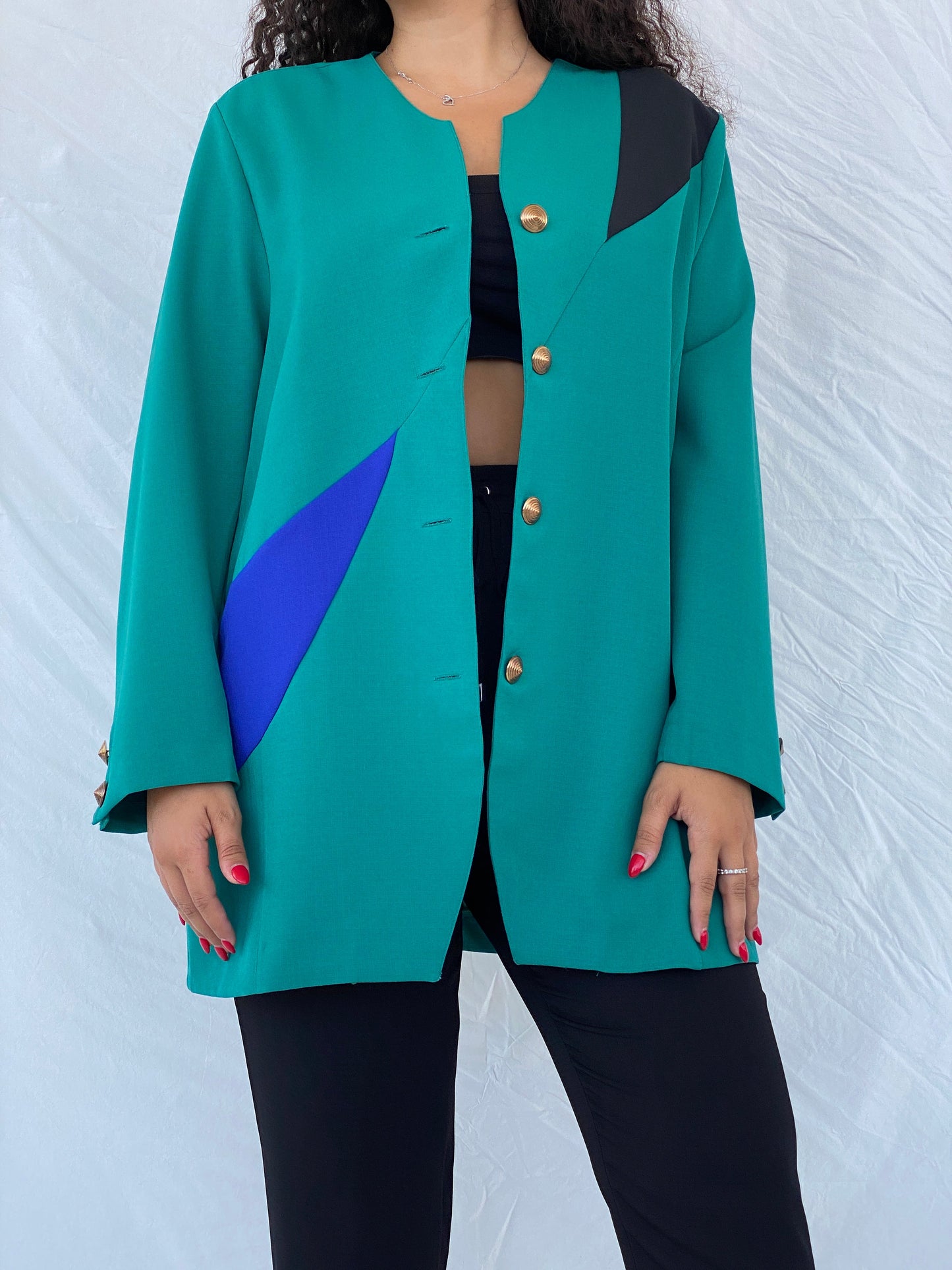 Statement Vintage 80s Sensia Green Gold-Buttoned Blazer - 2XL