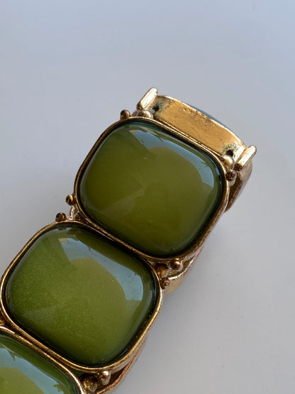 Vintage Y2K Olive Green Lucite Cabochon Gold-Tone Stretch Statement Bracelet