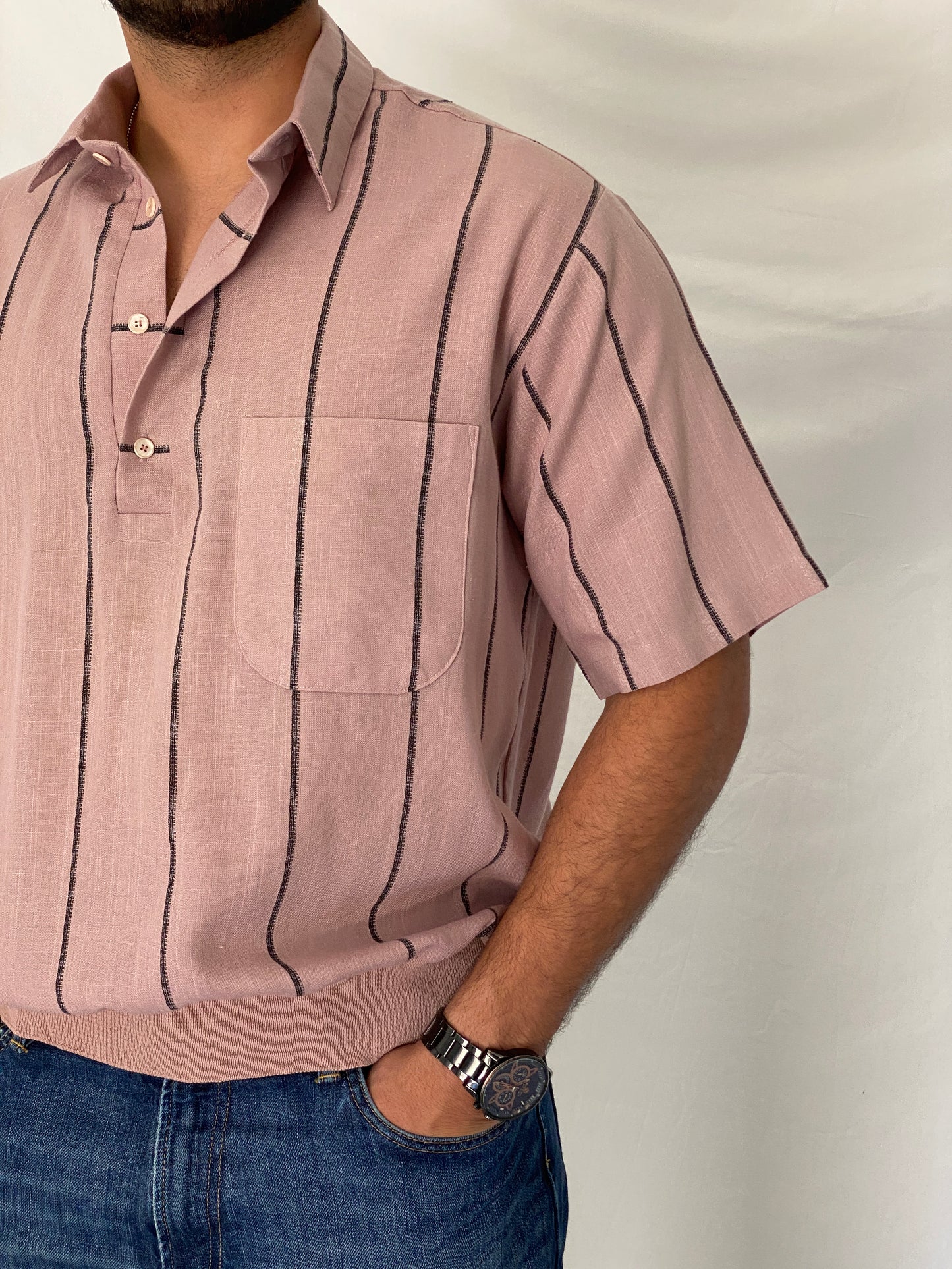 Vintage Norm Thompson Dusty Rose Striped Polo Pullover Top – XL