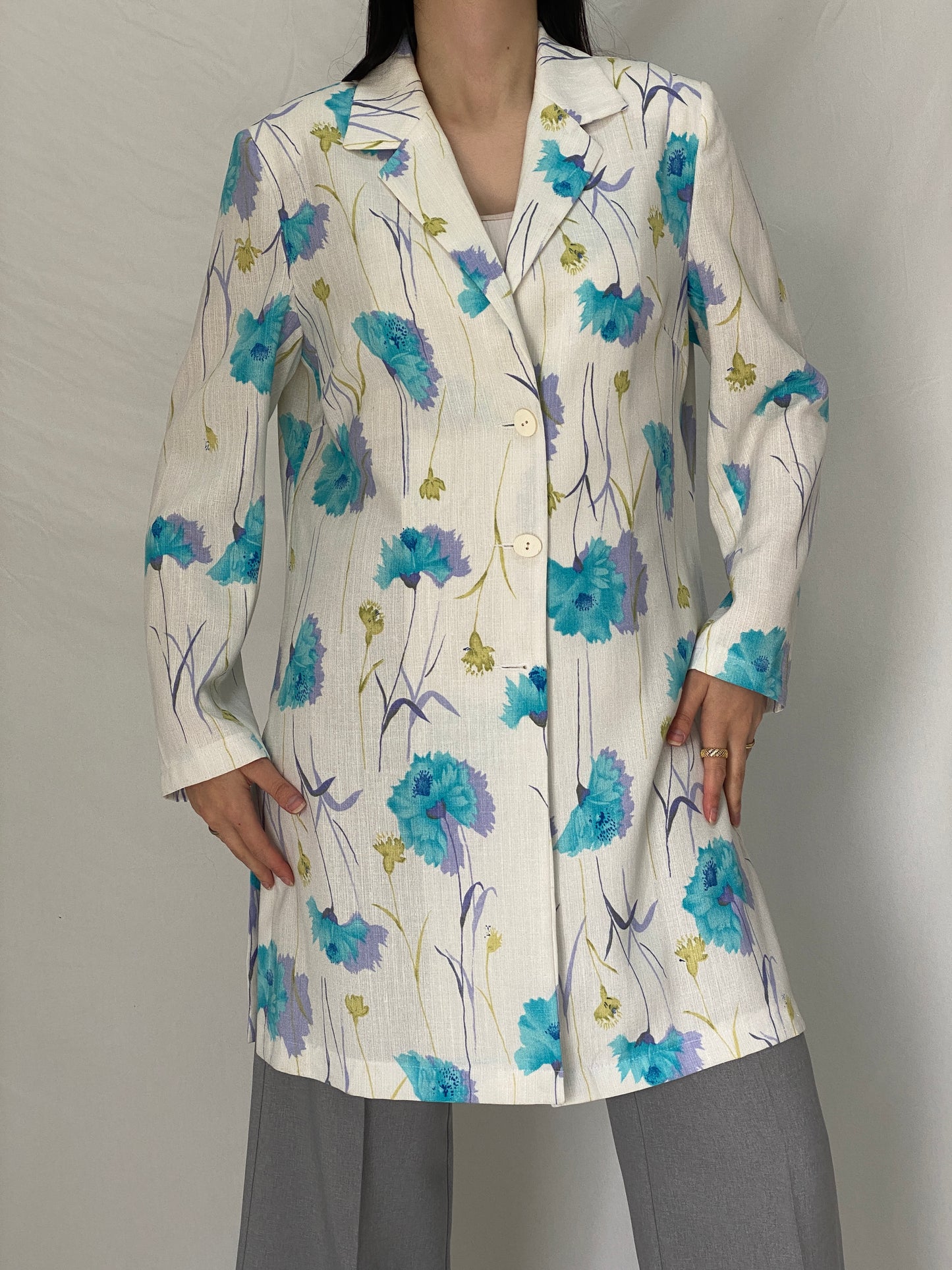 Vintage As Niobe New Line by ASM Floral Long Blazer 90s Blue Botanical Tailored Jacket - M
