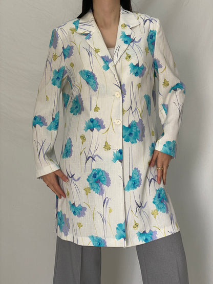Vintage As Niobe New Line by ASM Floral Long Blazer 90s Blue Botanical Tailored Jacket - M